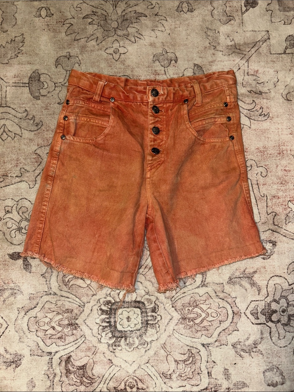 Washed Orange Denim Jean Shorts with Button-Fly